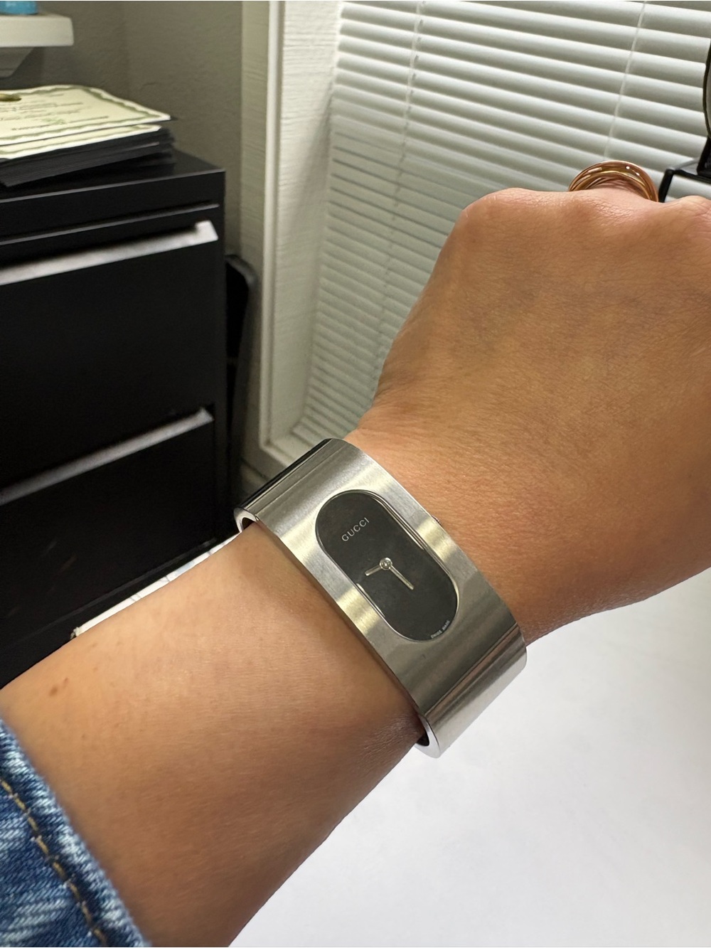 Gucci Silver Cuff Bracelet Watch with Black Dial